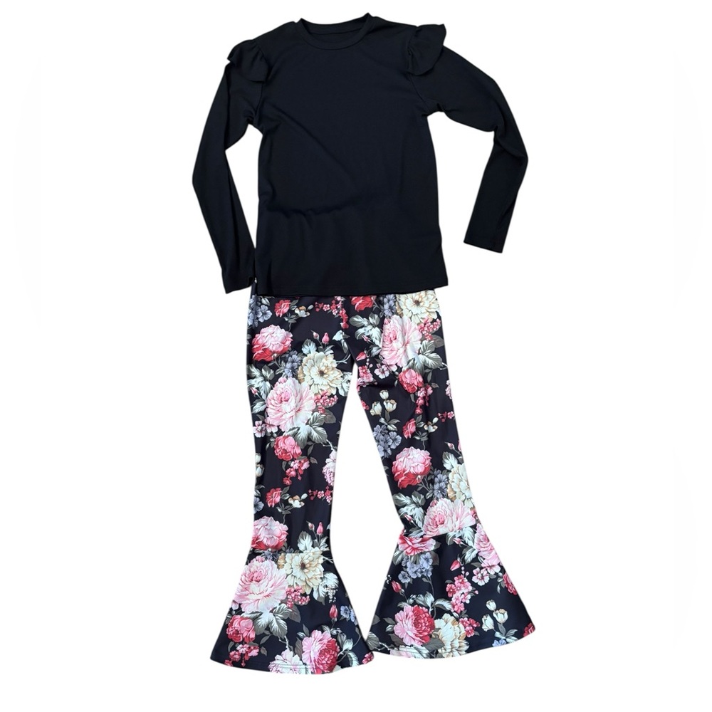 Bell Sleeve Top with Matching Floral Bell Bottoms - Black and Pink